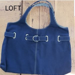 LOFT navy canvas tote contrasting striped interior